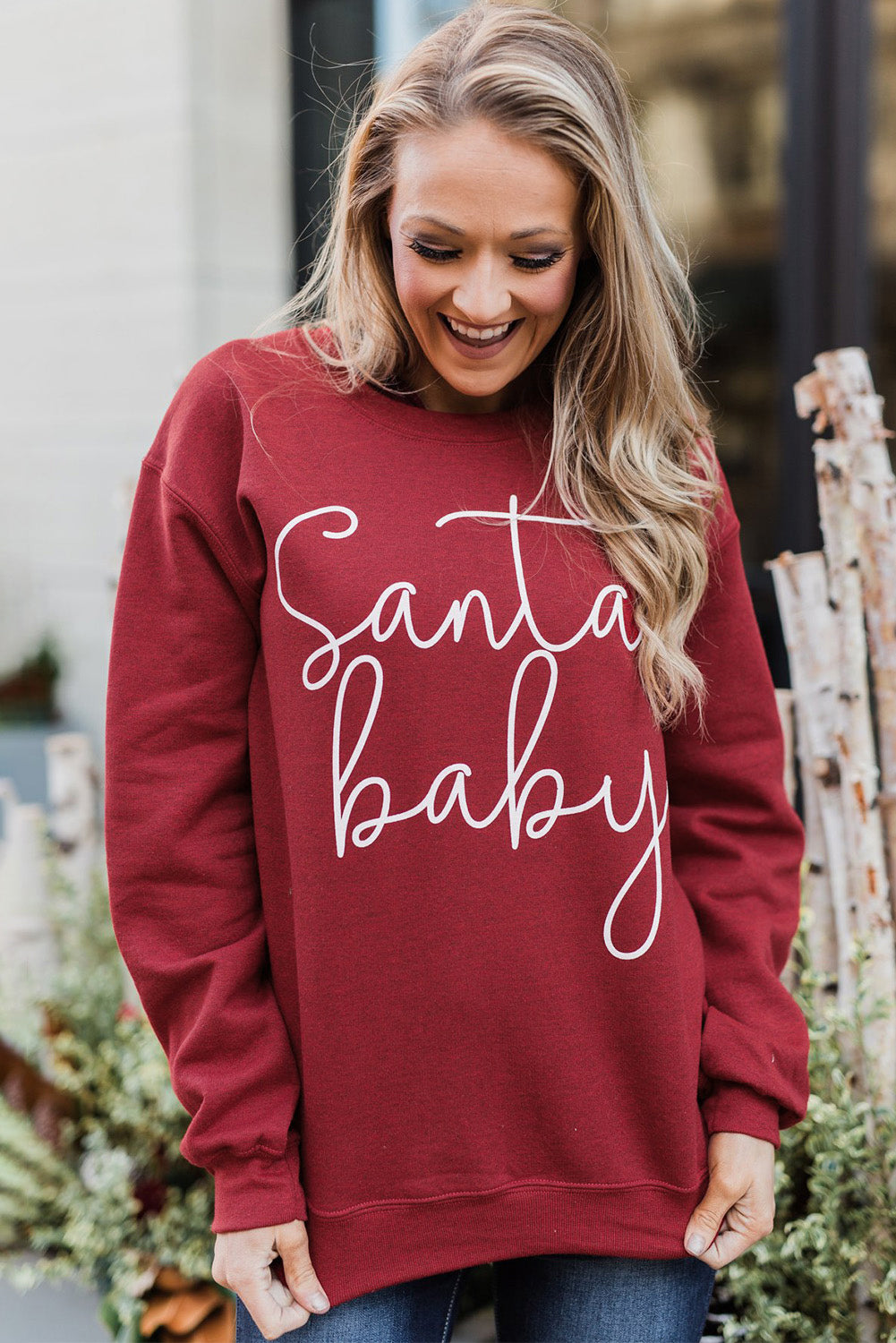 A cozy Christmas Santa Baby Print Pullover Sweatshirt featuring a festive design, long sleeves, and a relaxed fit, perfect for holiday celebrations.