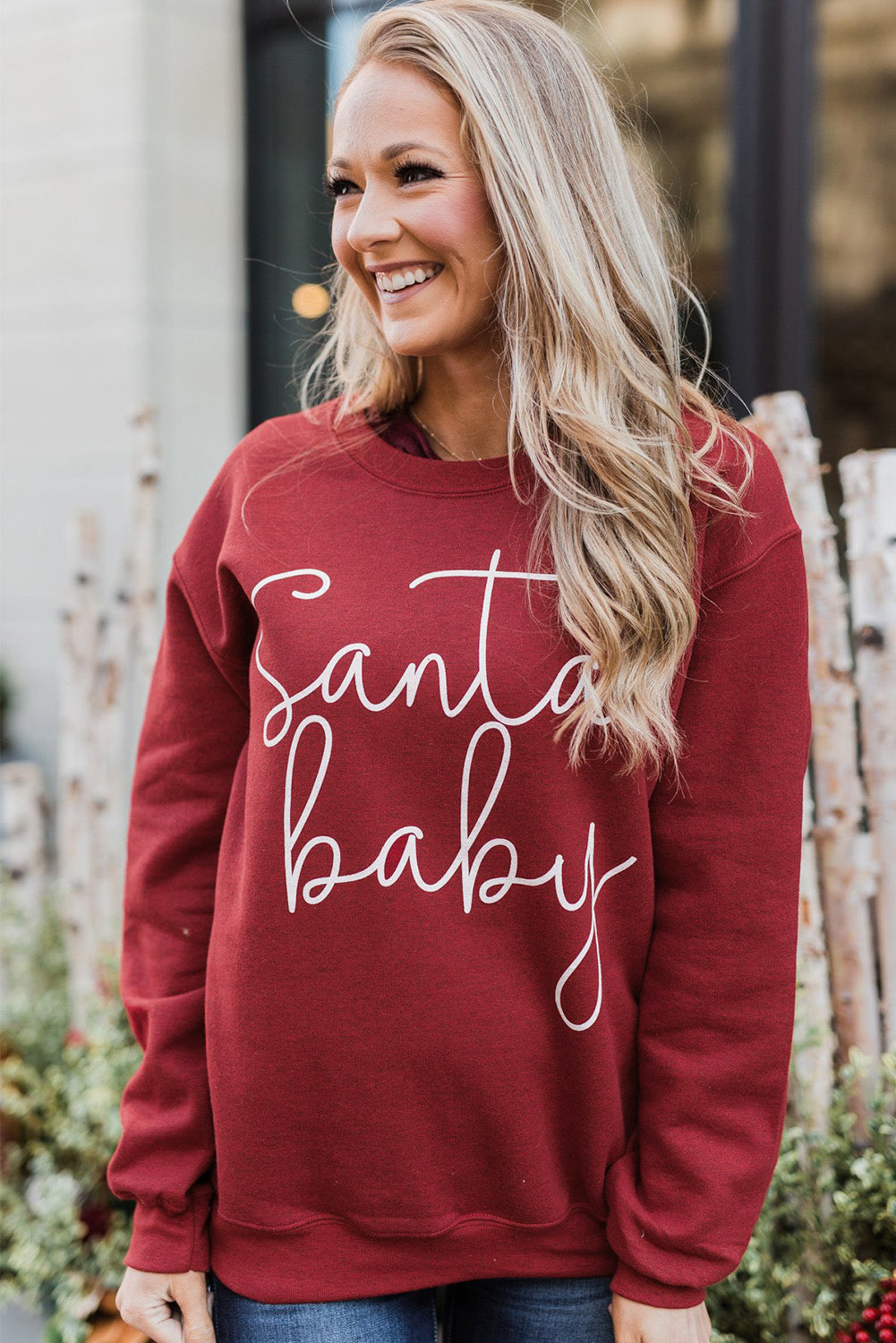 A cozy Christmas Santa Baby Print Pullover Sweatshirt featuring a festive design, long sleeves, and a relaxed fit, perfect for holiday celebrations.
