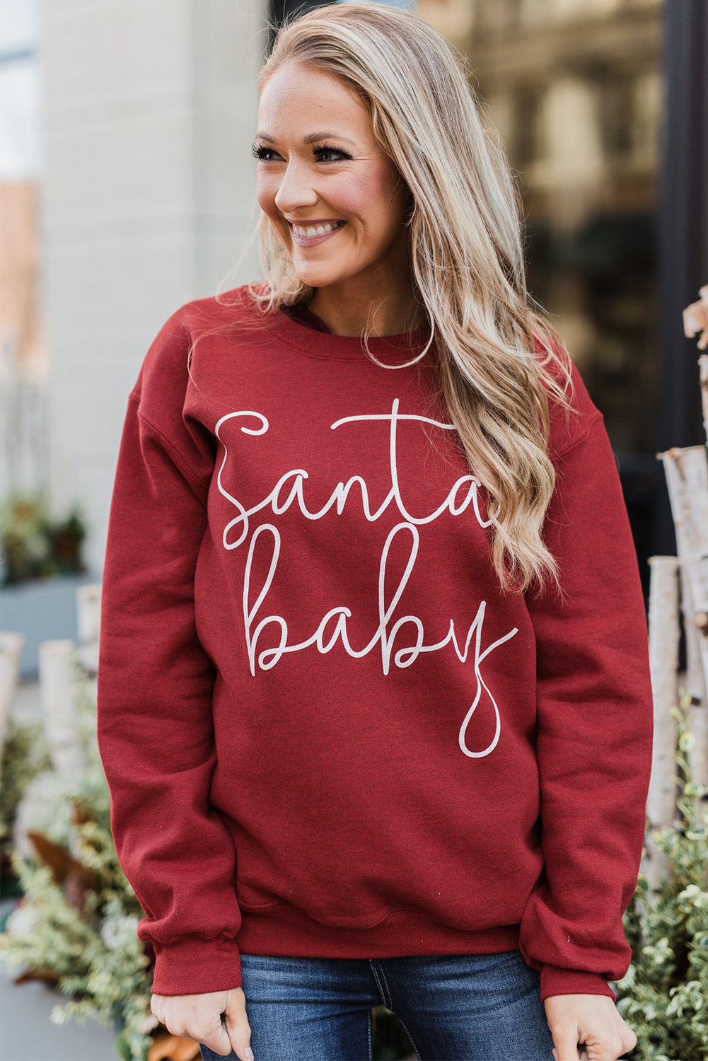 A cozy Christmas Santa Baby Print Pullover Sweatshirt featuring a festive design, long sleeves, and a relaxed fit, perfect for holiday celebrations.