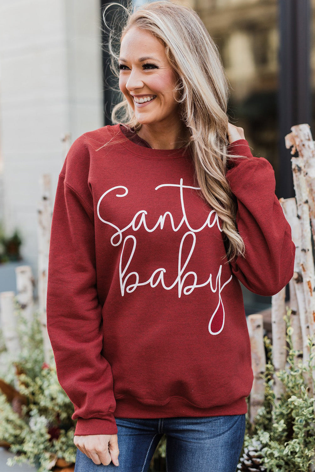 A cozy Christmas Santa Baby Print Pullover Sweatshirt featuring a festive design, long sleeves, and a relaxed fit, perfect for holiday celebrations.