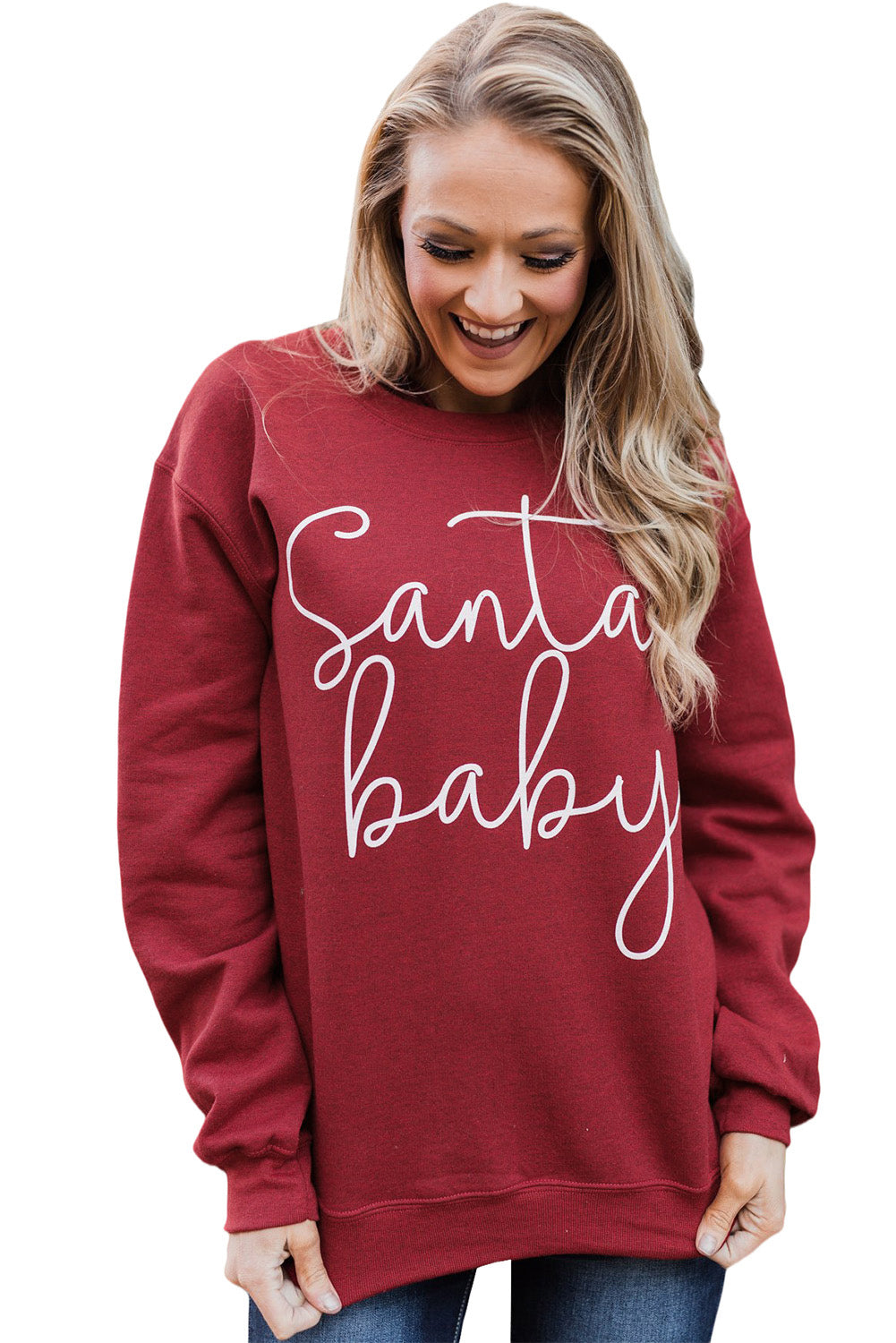 A cozy Christmas Santa Baby Print Pullover Sweatshirt featuring a festive design, long sleeves, and a relaxed fit, perfect for holiday celebrations.