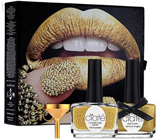 Ciate Caviar Manicure Luxe Lustre Gold Gift Set featuring Ladylike Luxe nail polish, caviar pearls, and funnel in elegant packaging.