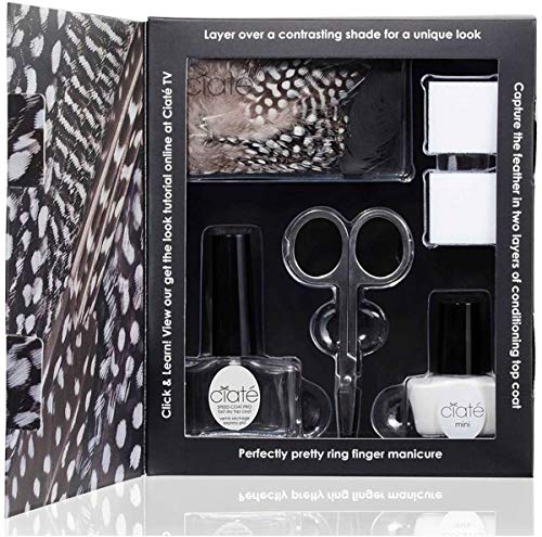 Ciate Feathered Manicure What A Hoot Gift Set featuring fast dry top coat, mini nail polish, scissors, nail file block, and colorful feathers.