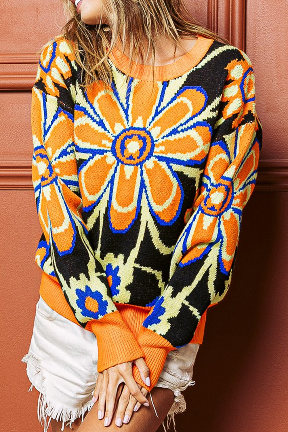 Citrus Ribbed Edge Drop Shoulder Floral Print Sweater featuring a vibrant floral pattern and ribbed edges, perfect for winter wear.