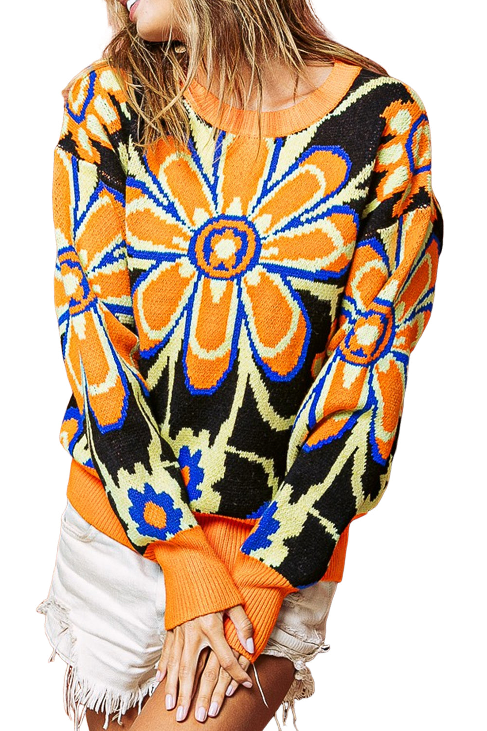 Citrus Ribbed Edge Drop Shoulder Floral Print Sweater featuring a vibrant floral pattern and ribbed edges, perfect for winter wear.