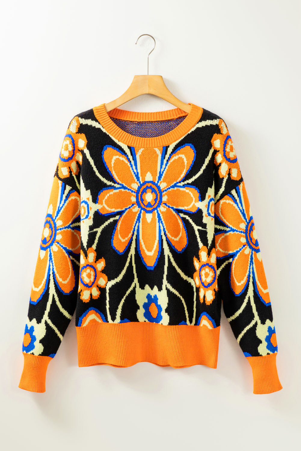 Citrus Ribbed Edge Drop Shoulder Floral Print Sweater featuring a vibrant floral pattern and ribbed edges, perfect for winter wear.