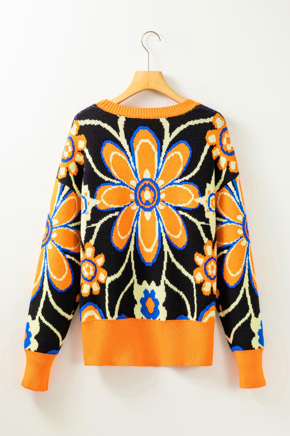 Citrus Ribbed Edge Drop Shoulder Floral Print Sweater featuring a vibrant floral pattern and ribbed edges, perfect for winter wear.
