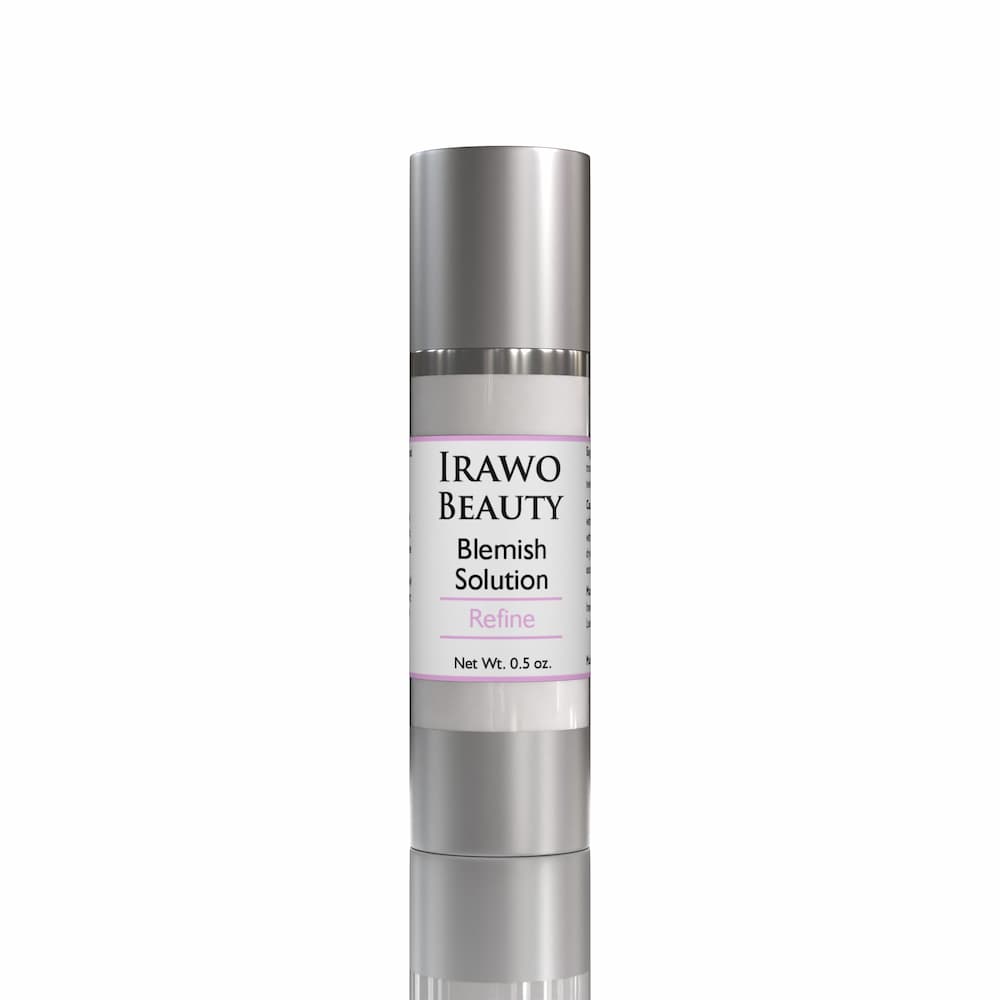 Irawo Beauty Clarifying Blemish Solution in a sleek bottle, showcasing its natural ingredients and eco-friendly packaging.