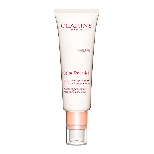 Clarins Calm-Essentiel Soothing Emulsion Face Cream in a sleek white jar with a green lid, showcasing its soothing formula for sensitive skin.