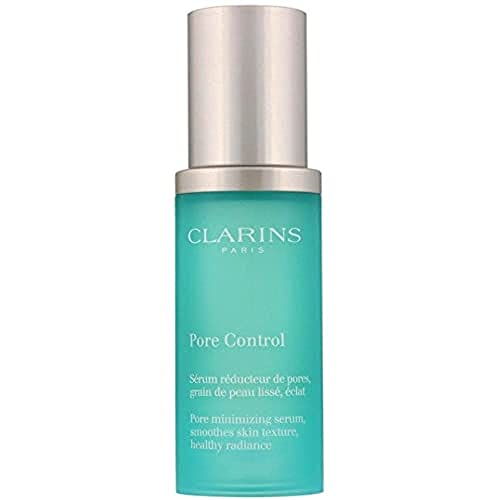 Clarins Pore Control Pore Minimizing Serum bottle with a sleek design, showcasing its lightweight formula for smoother skin.