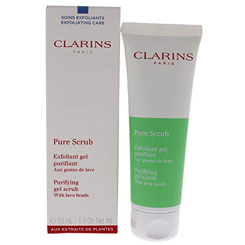 Clarins Pure Scrub Purifying Gel Scrub with natural lava beads in a sleek tube, showcasing its refreshing gel texture.