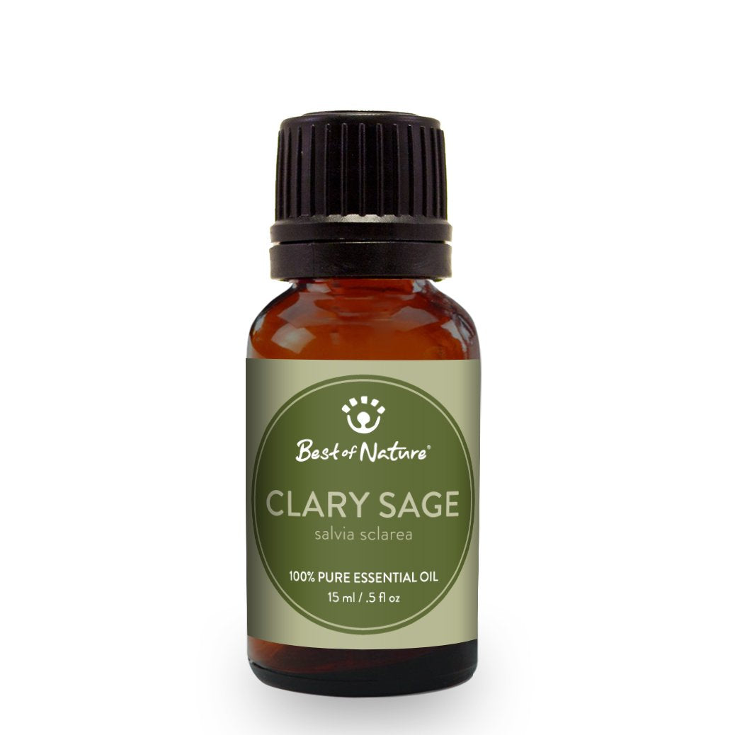 A bottle of 100% pure Clary Sage Essential Oil with a dark amber glass design, surrounded by fresh clary sage leaves and flowers.