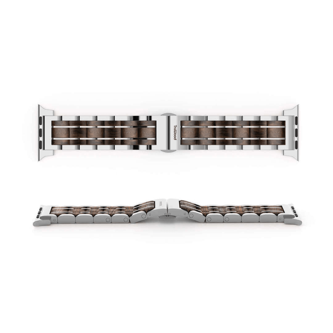 Classic Band - Silver featuring natural black sandalwood and silver plated stainless steel, designed for Apple Watch.