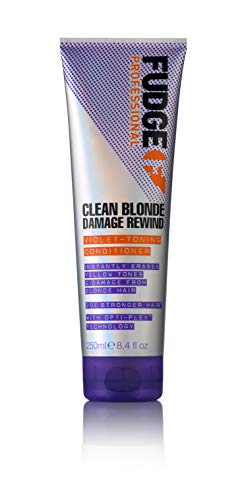 Fudge Clean Blonde Damage Rewind Violet Toning Conditioner bottle with a sleek design, perfect for maintaining blonde hair.