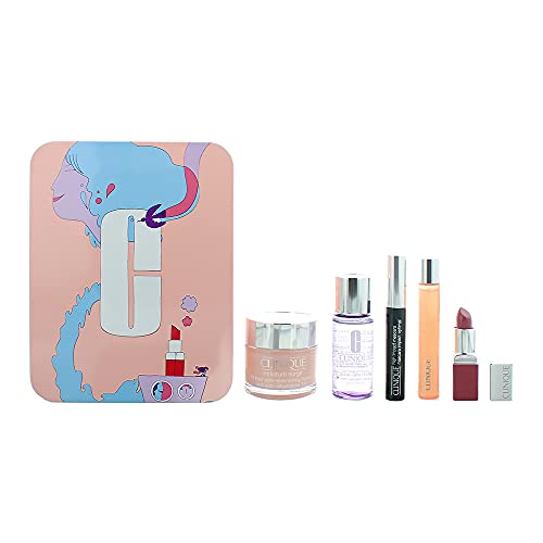Clinique Limited Edition Travel Jet Set Gift Set featuring Moisture Surge Gel Cream, makeup remover, mascara, eye serum, and lipstick.