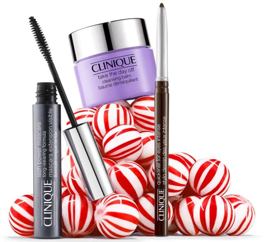 Clinique Power Lashes Gift Set featuring Lash Power Mascara, Take The Day Off Cleansing Balm, and Quickliner in Intense Chocolate.