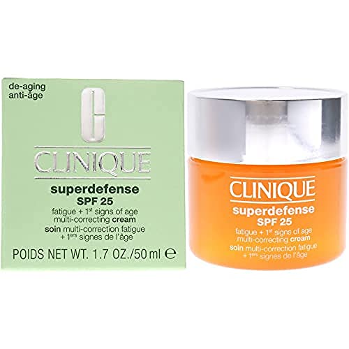 Clinique Superdefense Fatigue + 1st Signs Of Age Multi-Correcting Cream SPF25 in a sleek jar, designed for very dry to dry combination skin.