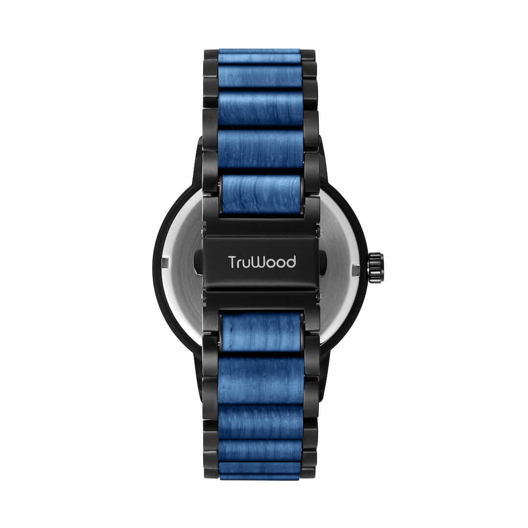 Coast Men's Watch featuring a stainless steel case, blue dyed maple wood bezel, and black sandalwood dial, showcasing its elegant design.