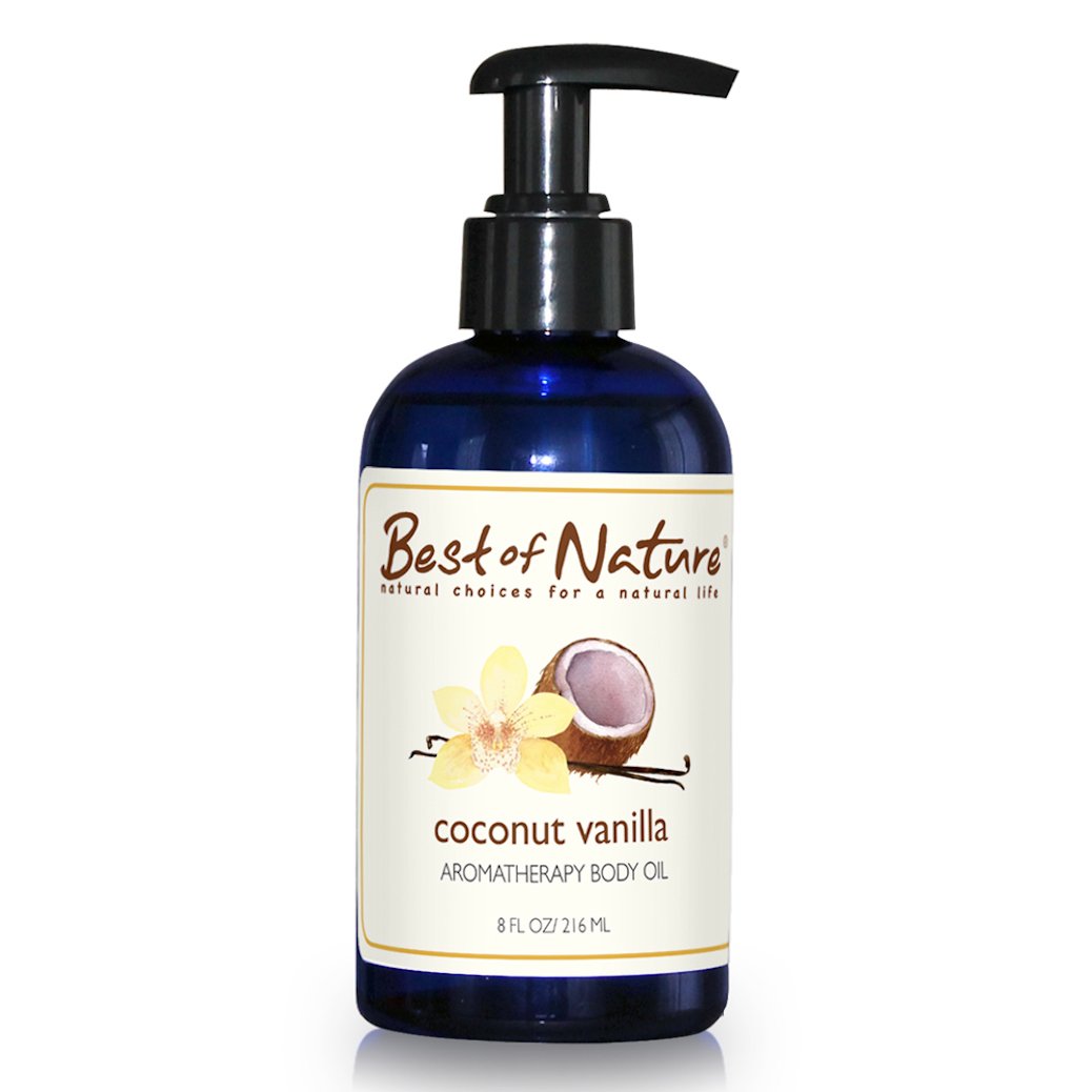 Coconut Vanilla Aromatherapy Massage & Body Oil in an 8 oz pump bottle, showcasing its tropical essence and soothing properties.
