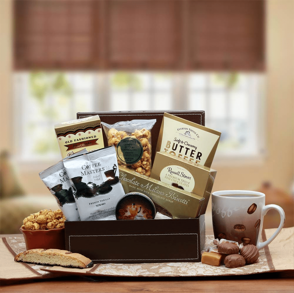Coffee Break Gift Box filled with premium coffee and gourmet treats, elegantly presented in a faux leather box with a handmade bow.