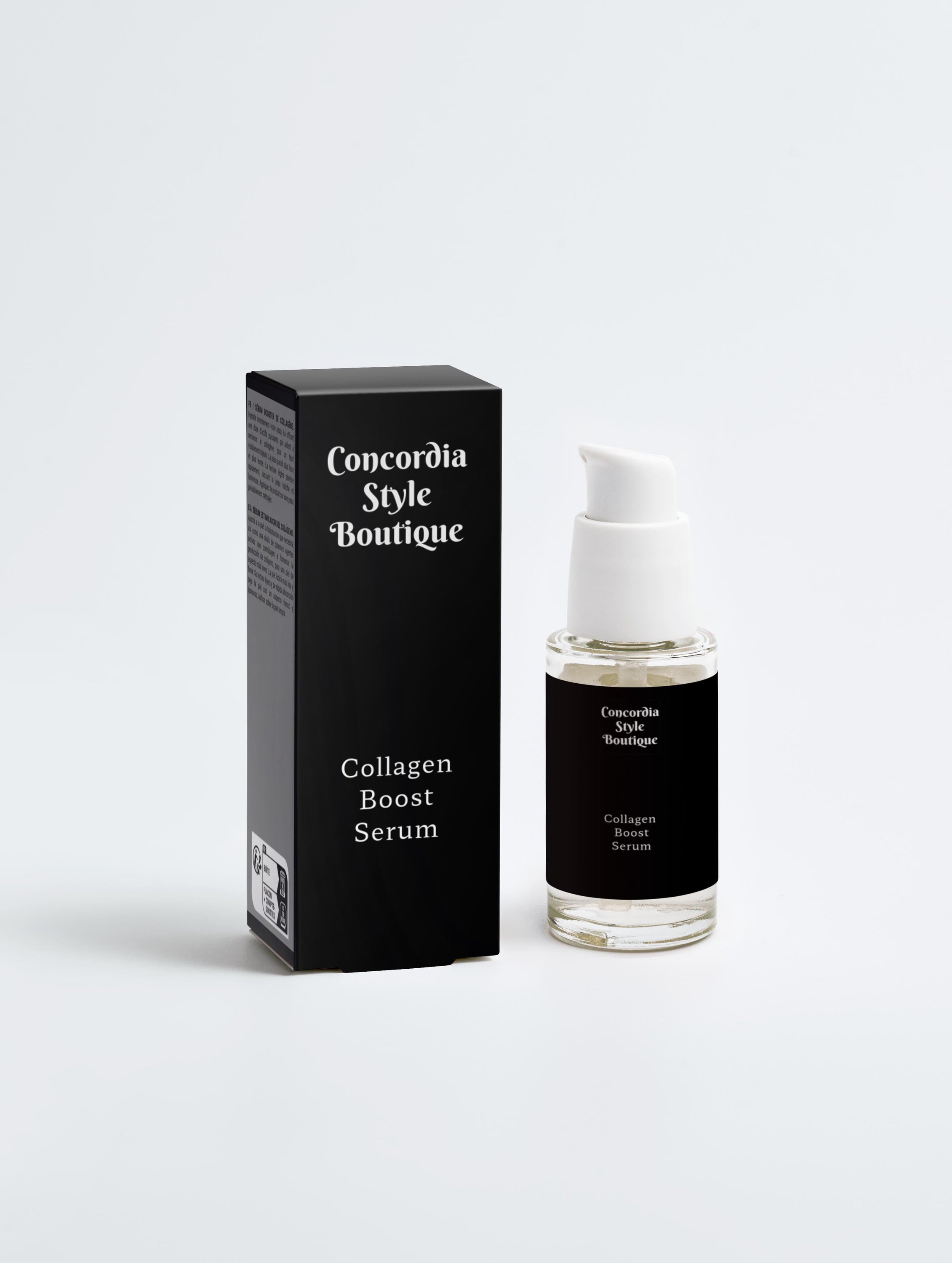 Collagen Boost Serum bottle with a dropper, showcasing its sleek design and hydrating formula.