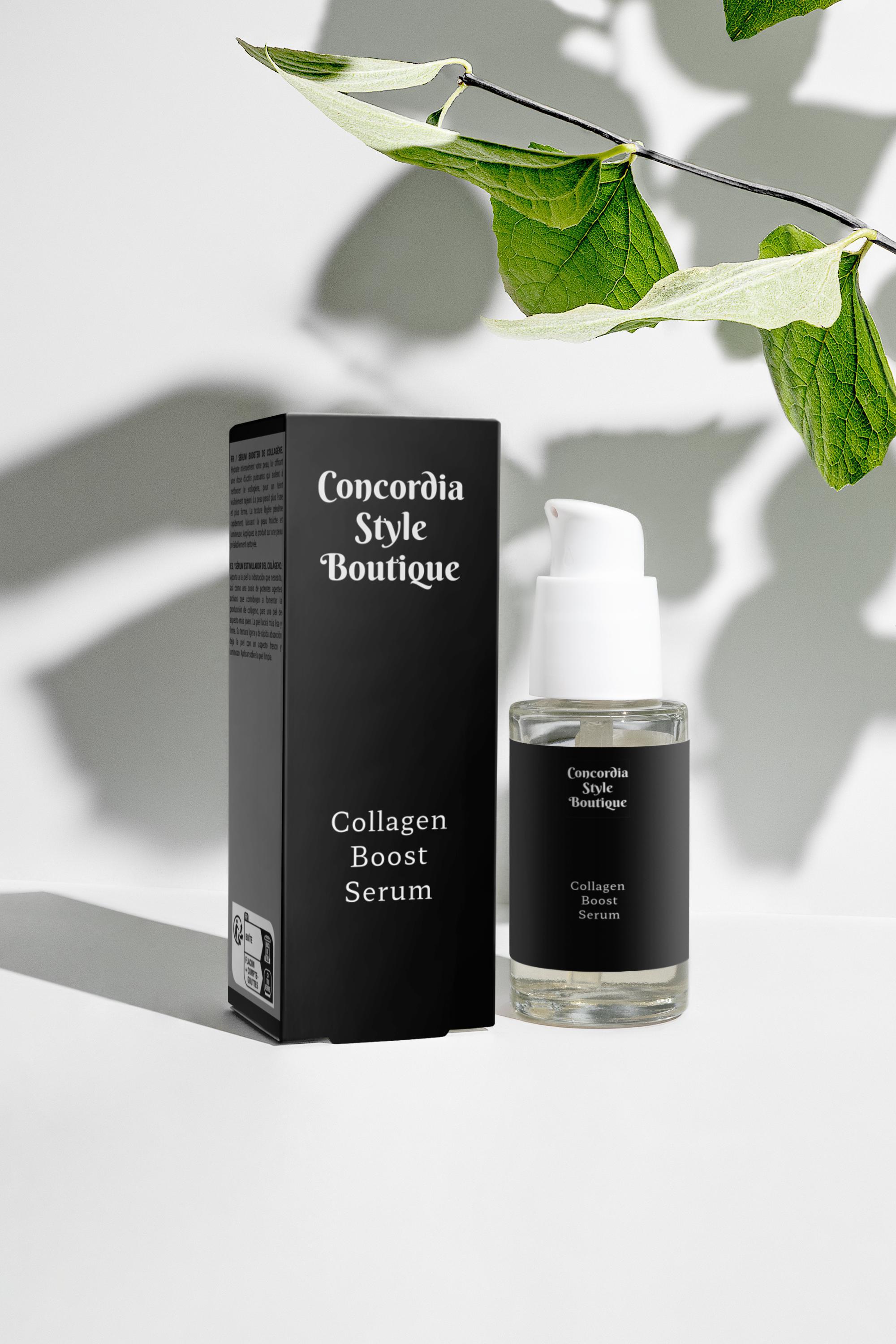 Collagen Boost Serum bottle with a dropper, showcasing its sleek design and hydrating formula.