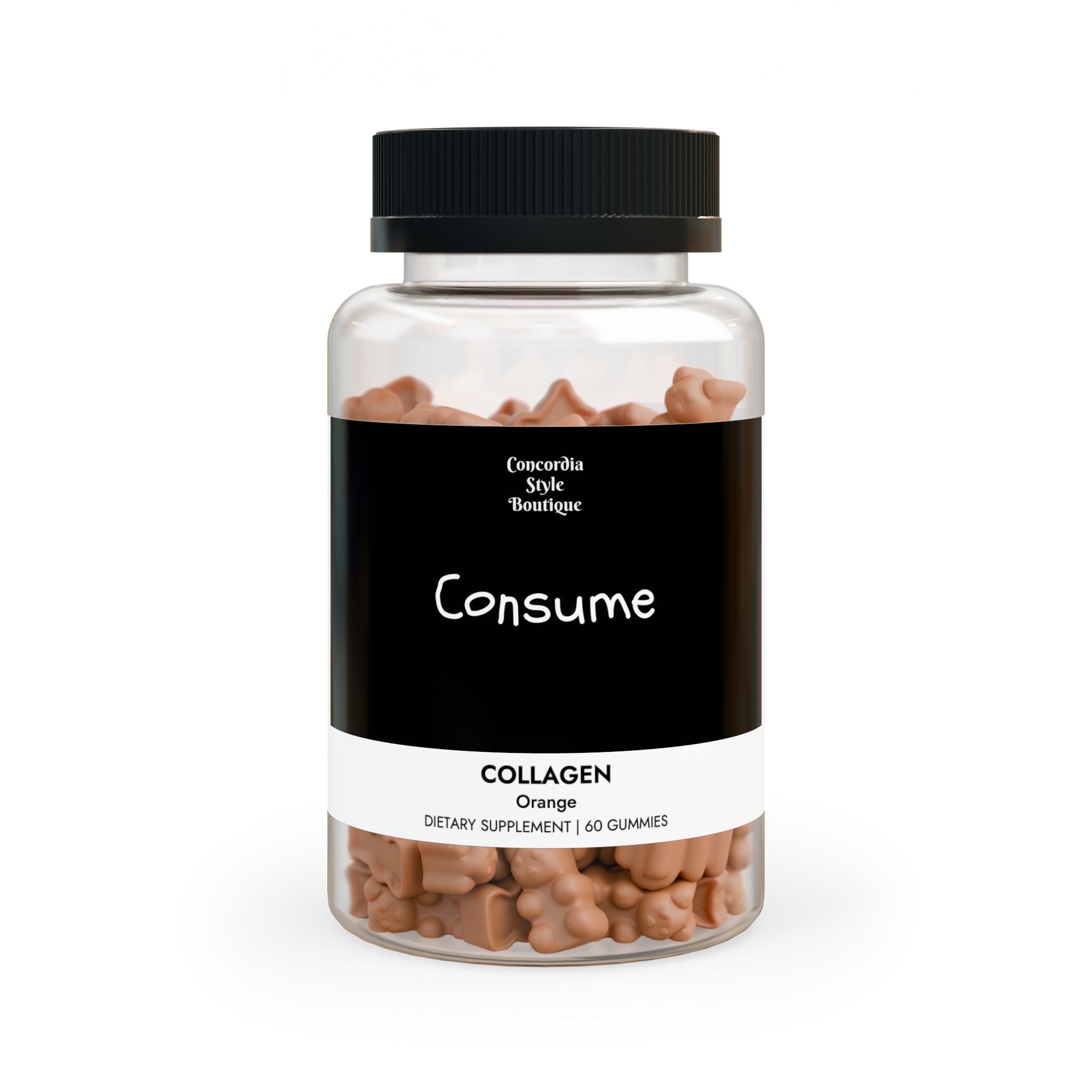 A bottle of Collagen Gummies containing 60 gummies, featuring a vibrant strawberry flavor and a label highlighting key ingredients.