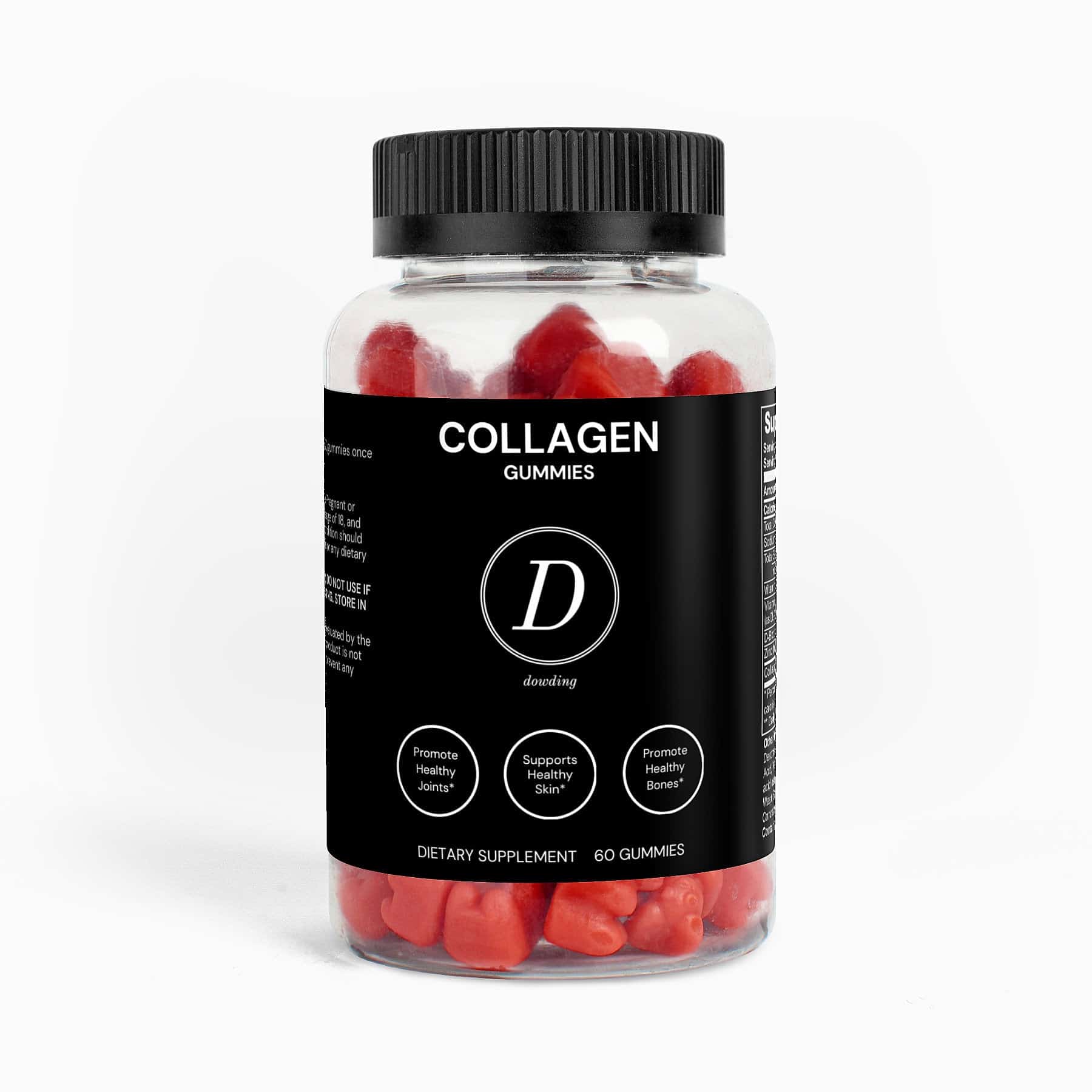 A bottle of Collagen Gummies featuring orange-flavored gummies, highlighting their health benefits for skin and joint support.