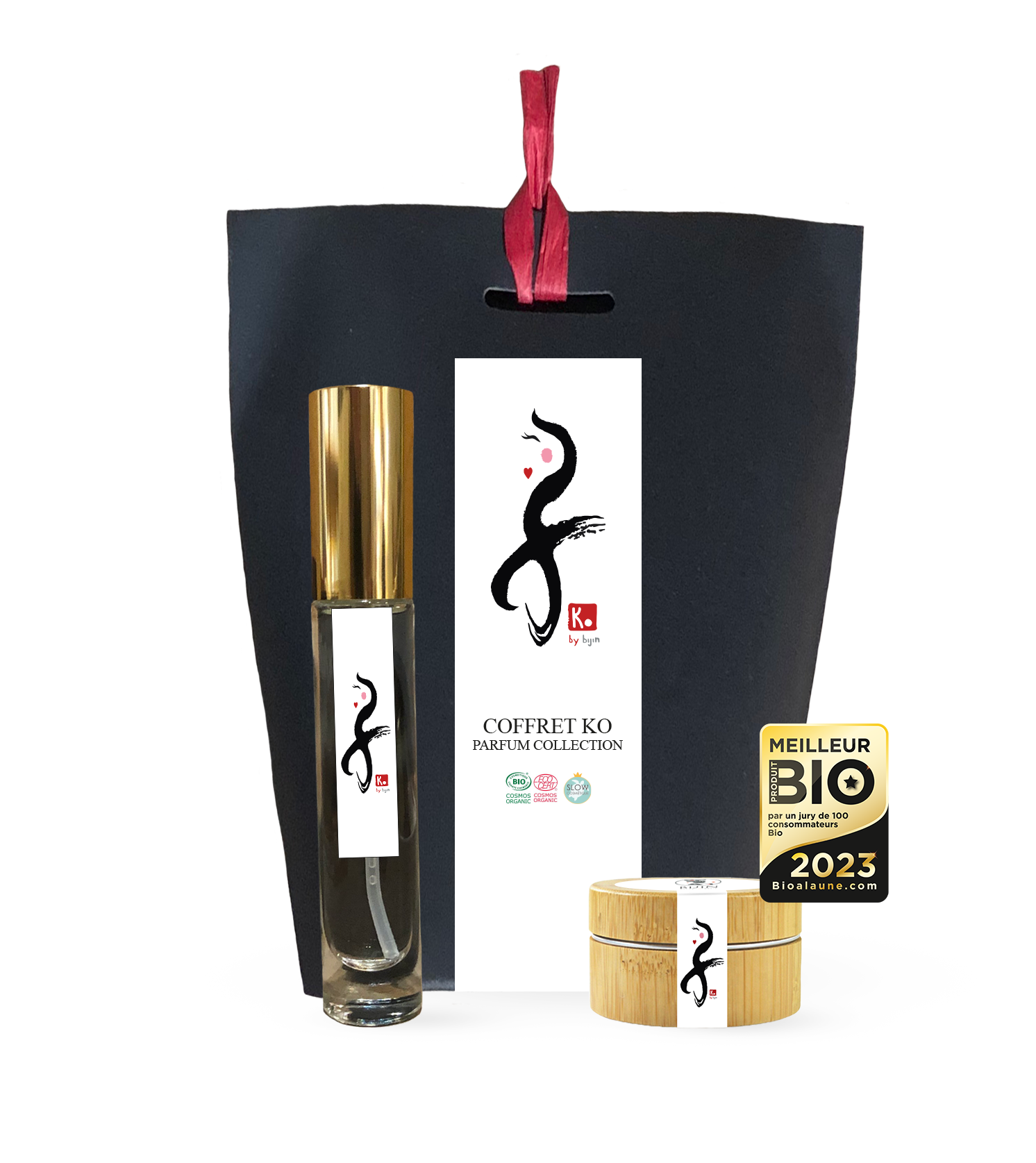 Coffret Collection de parfums KO avec brume parfumée et parfum solide, mettant en avant des notes d'agrumes, rose et jasmin.