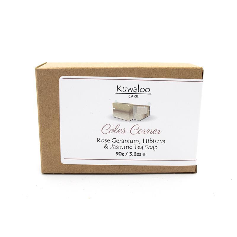 Coles Corner Organic Soap 90g featuring Rose Geranium, Hibiscus, and Jasmine with a beautiful pink hue and natural ingredients.