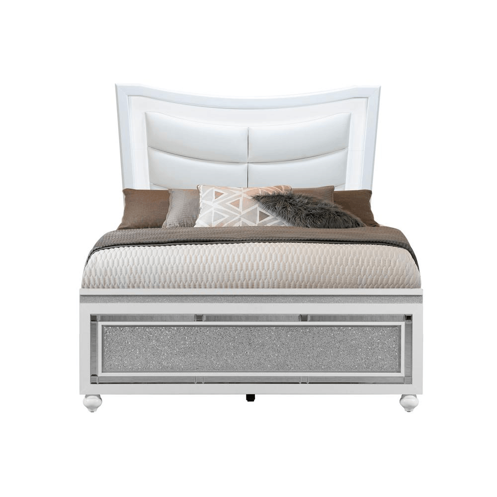 Collete White Full Bed Group featuring crushed crystal drawer fronts and LED lighting, showcasing modern glamour and elegance.