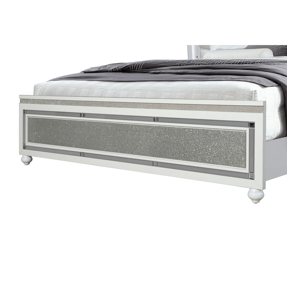 Collete White Full Bed Group featuring crushed crystal drawer fronts and LED lighting, showcasing modern glamour and elegance.