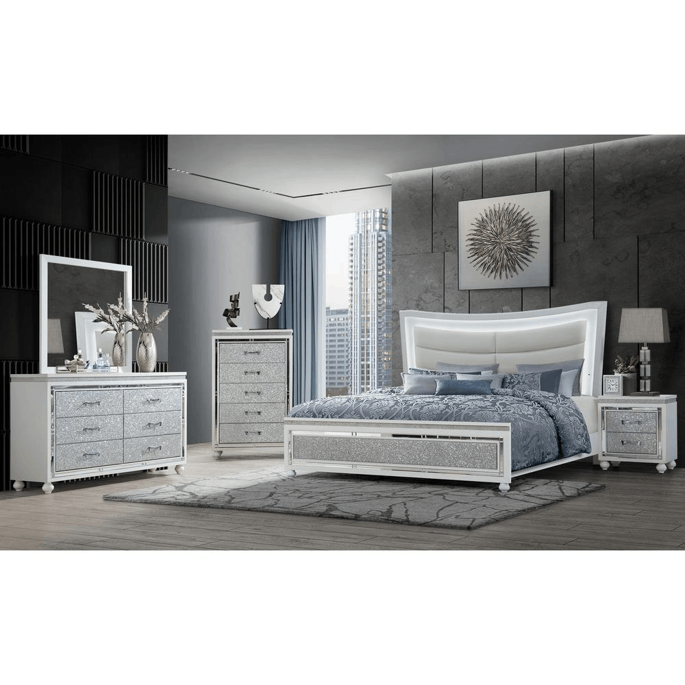 Collete White Full Bed Group featuring crushed crystal drawer fronts and LED lighting, showcasing modern glamour and elegance.
