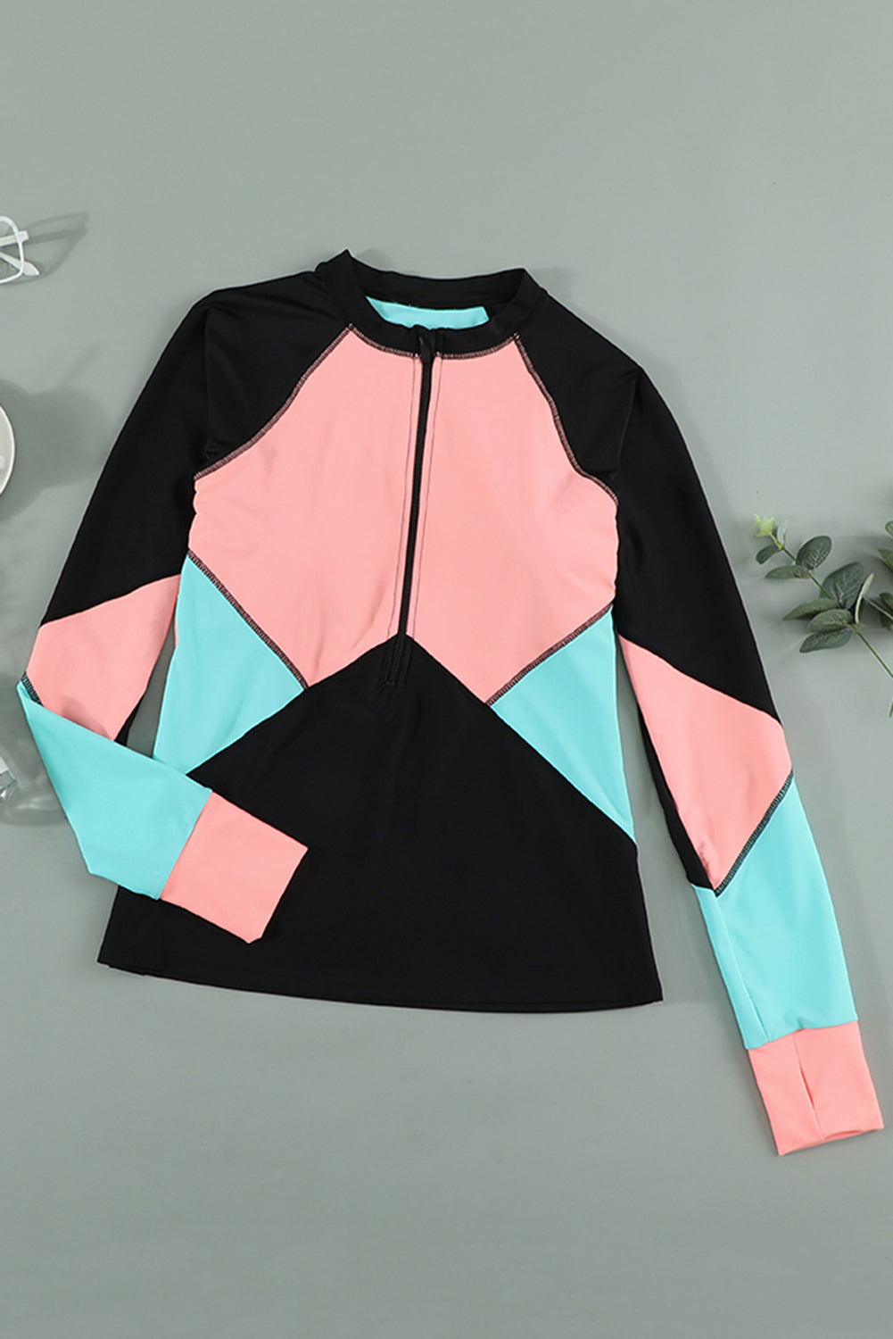 Color Zip Up Neckline Color Block Rashguard Top for women, featuring a stylish design with long sleeves and a zip front.