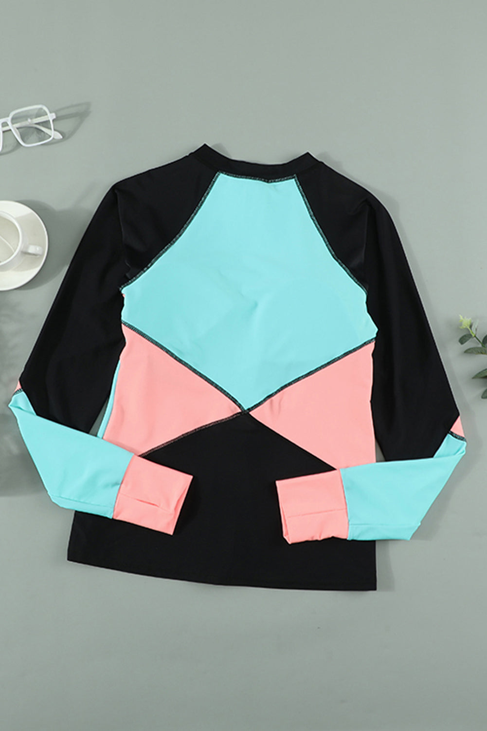 Color Zip Up Neckline Color Block Rashguard Top for women, featuring a stylish design with long sleeves and a zip front.
