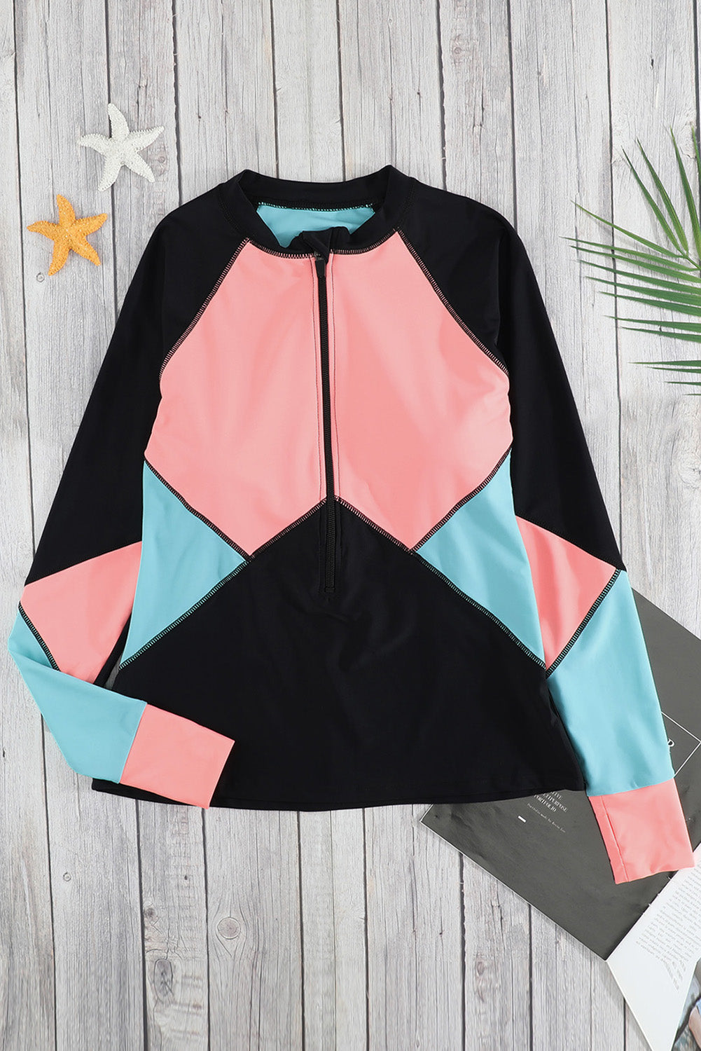 Color Zip Up Neckline Color Block Rashguard Top for women, featuring a stylish design with long sleeves and a zip front.