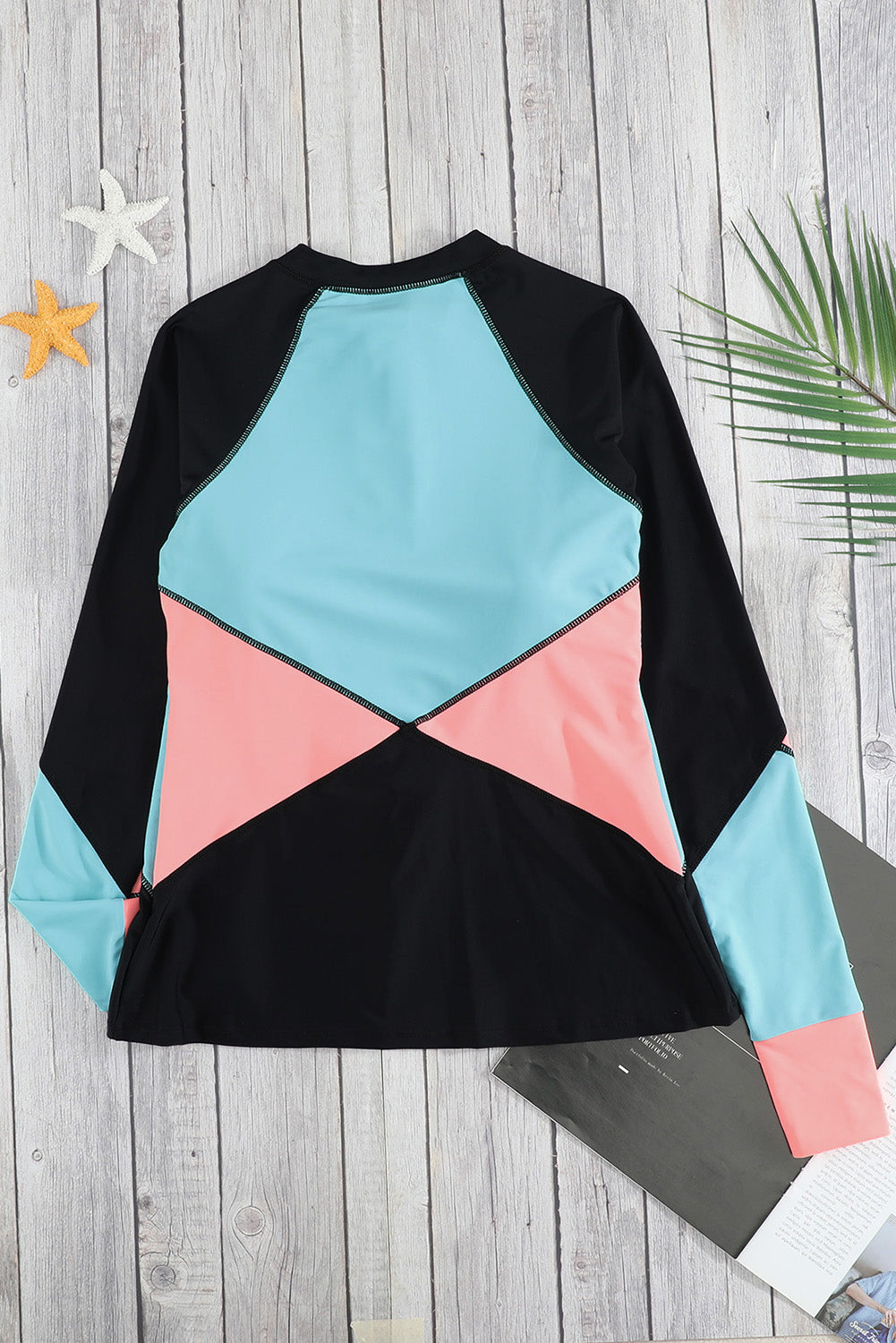 Color Zip Up Neckline Color Block Rashguard Top for women, featuring a stylish design with long sleeves and a zip front.
