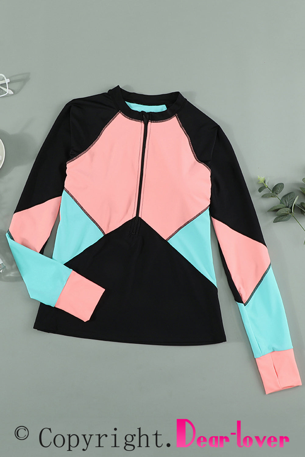 Color Zip Up Neckline Color Block Rashguard Top for women, featuring a stylish design with long sleeves and a zip front.