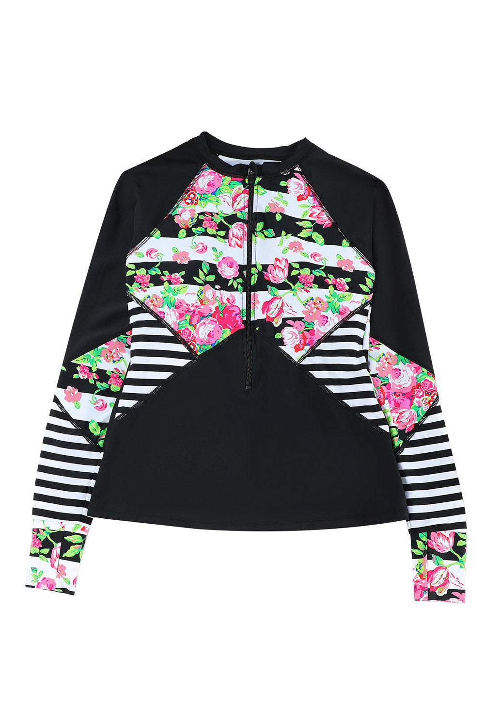 Color Zip Up Neckline Color Block Rashguard Top for women, featuring a stylish design with long sleeves and a zip front.