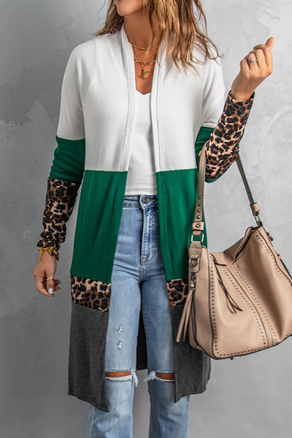 Colorblock Leopard Print Patchwork Knit Cardigan featuring an open front, long sleeves, and a stylish design.
