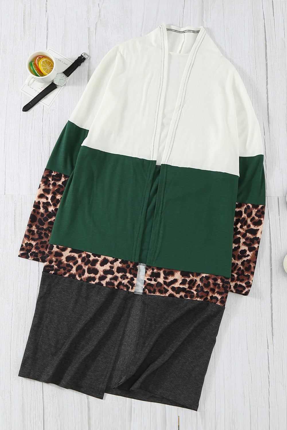 Colorblock Leopard Print Patchwork Knit Cardigan featuring an open front, long sleeves, and a stylish design.
