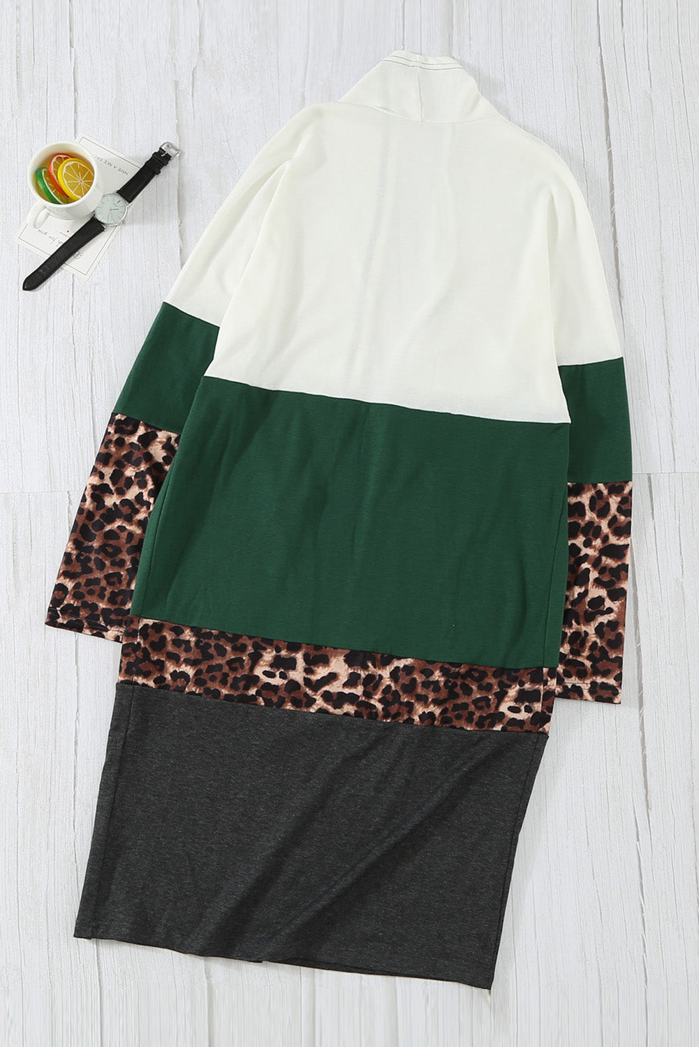 Colorblock Leopard Print Patchwork Knit Cardigan featuring an open front, long sleeves, and a stylish design.