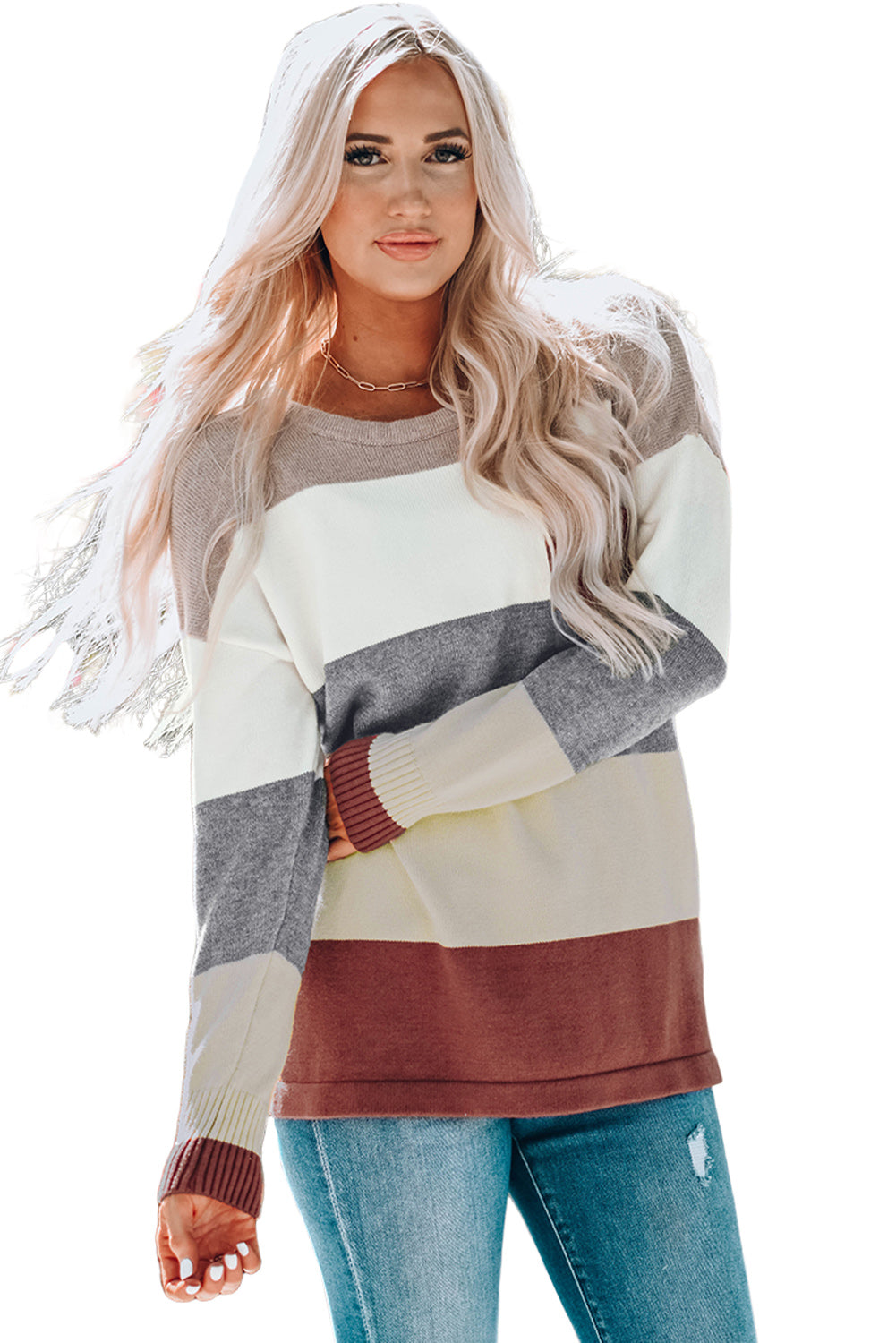 A stylish Colorblock Pocketed Sweater featuring a longline silhouette, vibrant color blocks, and convenient pockets, perfect for casual wear.