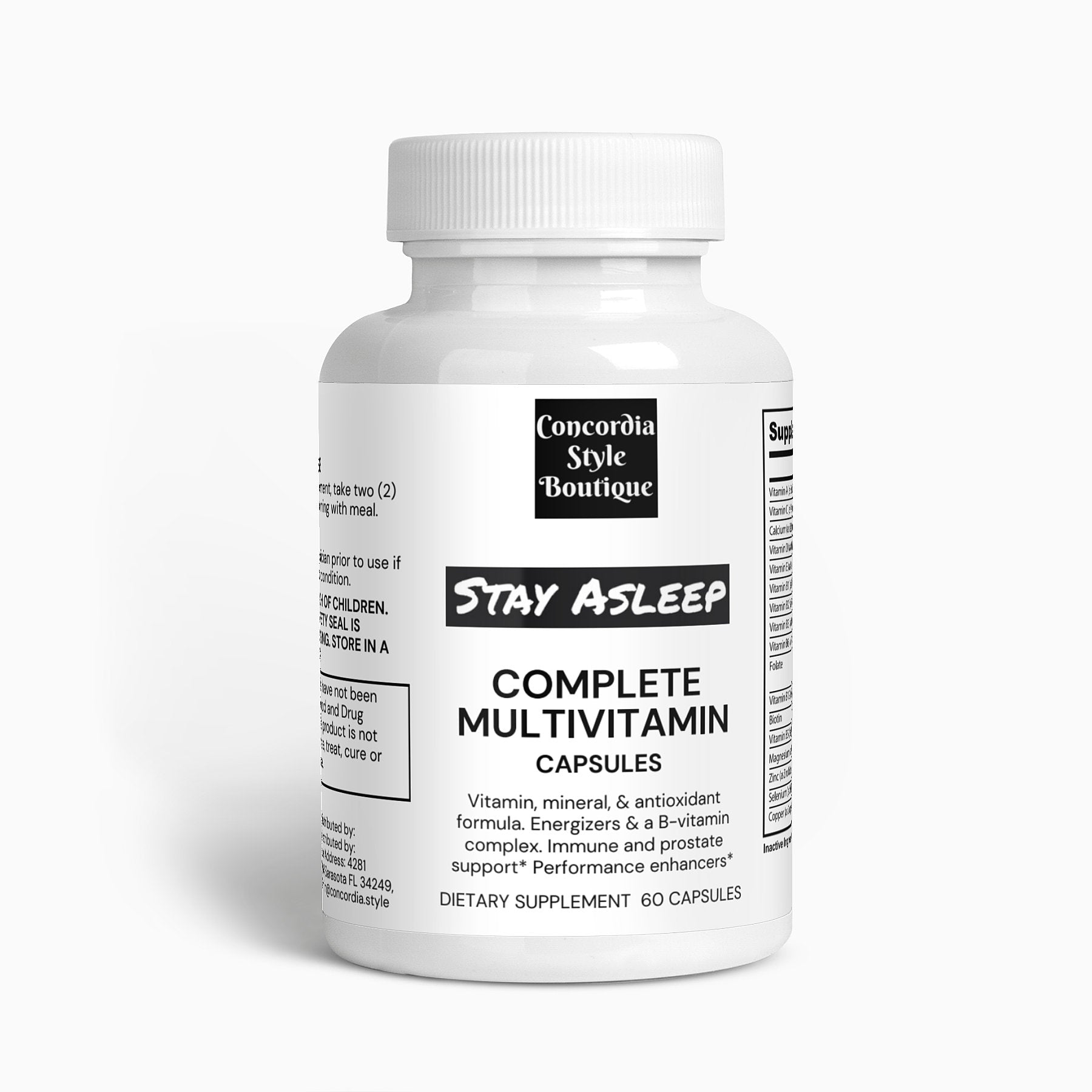 Stay Asleep Complete Multivitamin capsules with a variety of natural ingredients for health support.