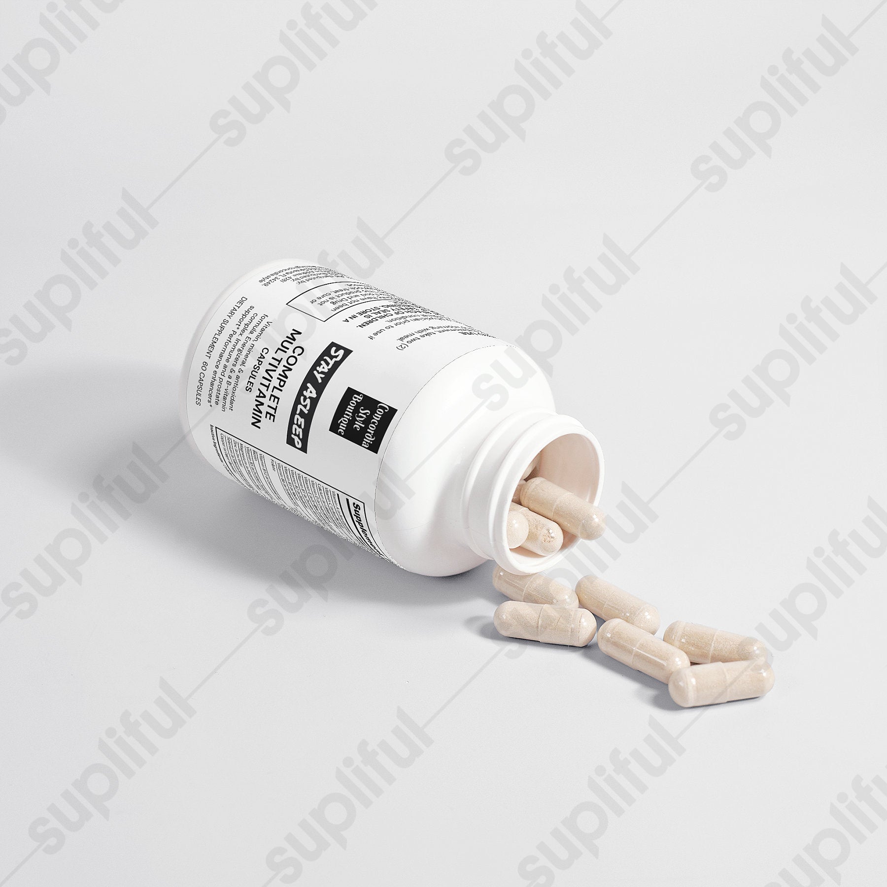 Stay Asleep Complete Multivitamin capsules with a variety of natural ingredients for health support.