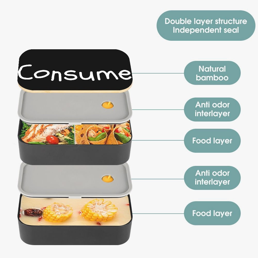 Consume Double Layer Lunch Box with wooden lid and compartments, perfect for meal separation and on-the-go dining.
