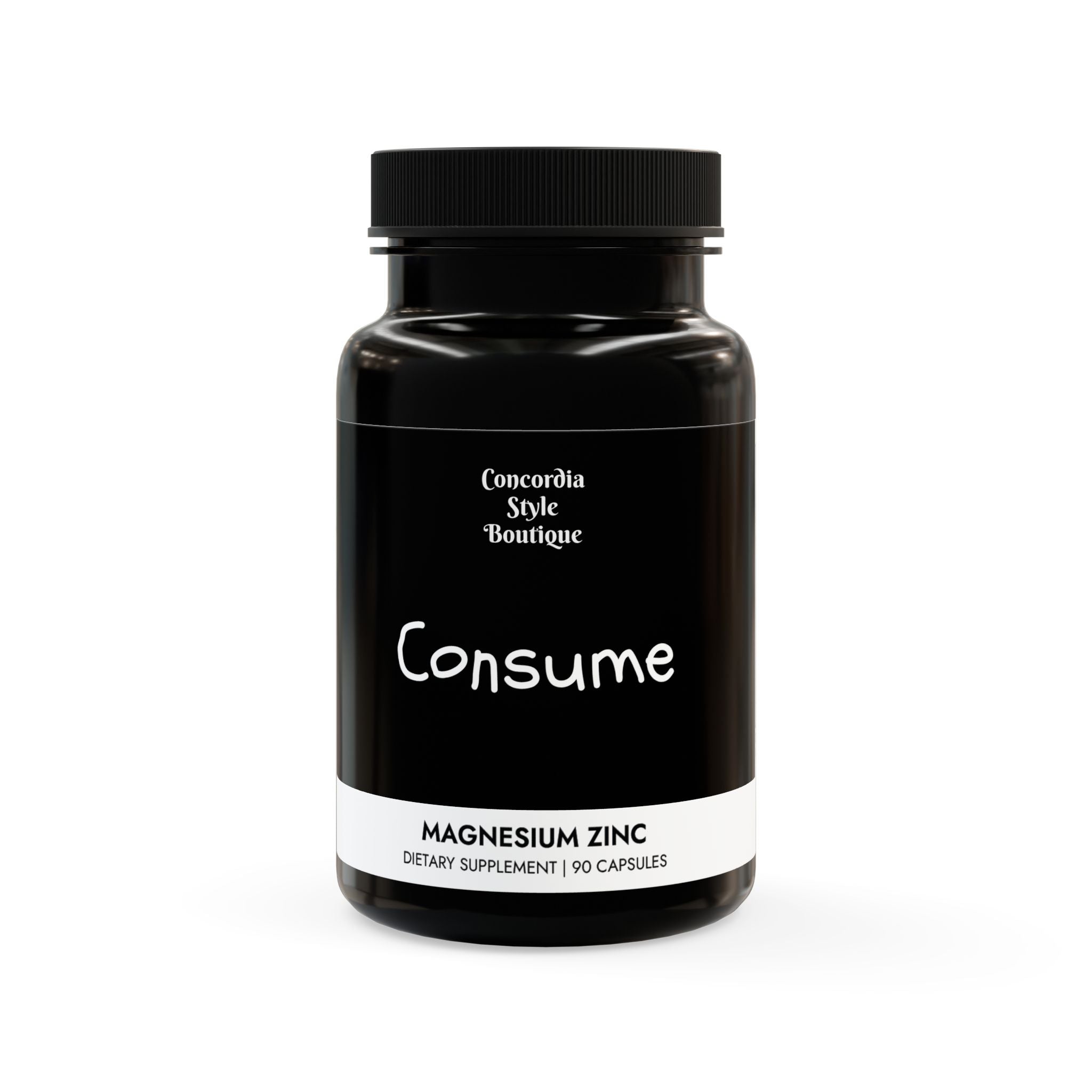 Bottle of Consume Magnesium Zinc Supplement with 90 vegetable capsules, featuring a blend of key ingredients for athletic performance.