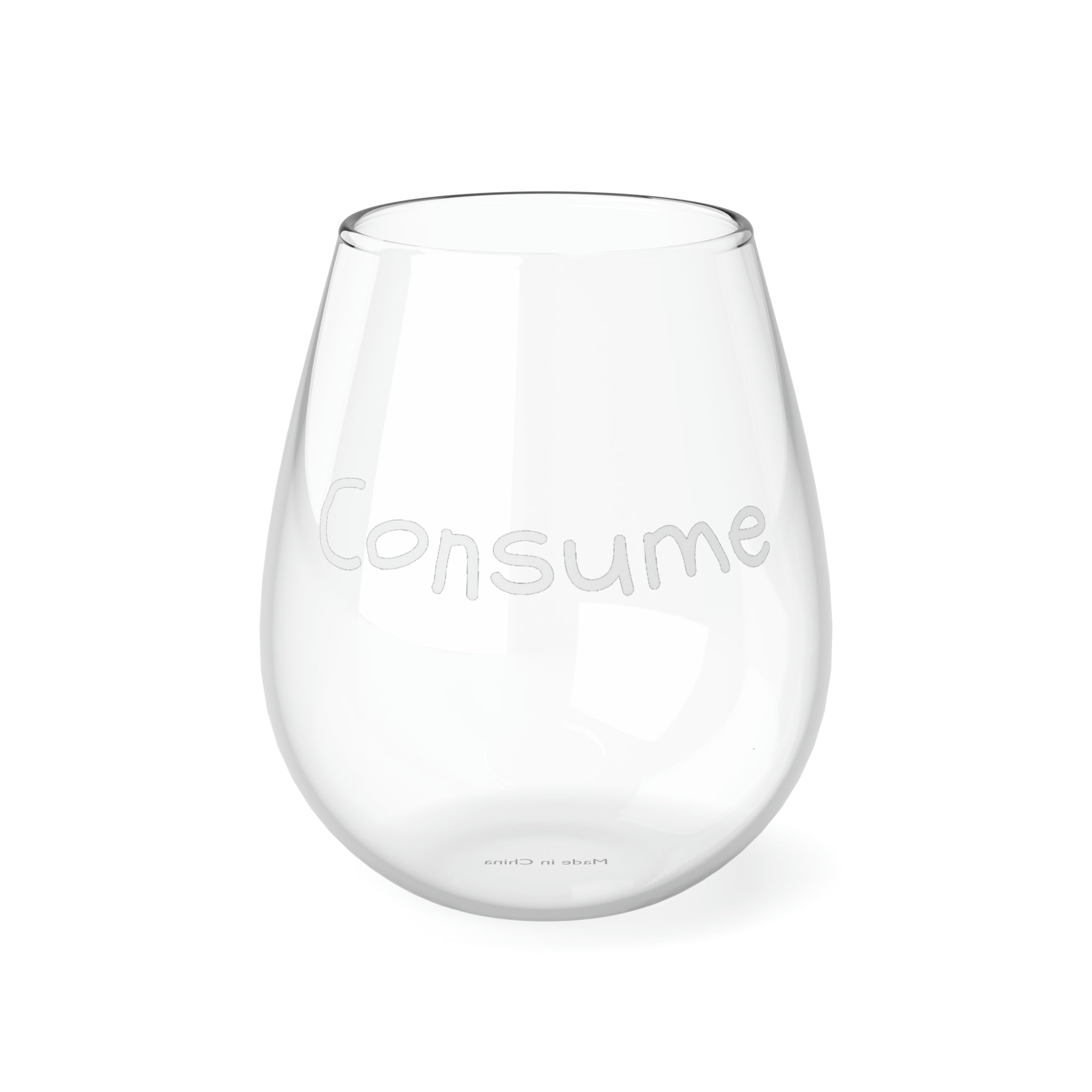 A sleek and elegant stemless wine glass holding 11.75 oz of wine, featuring a glossy finish and personalized design options.