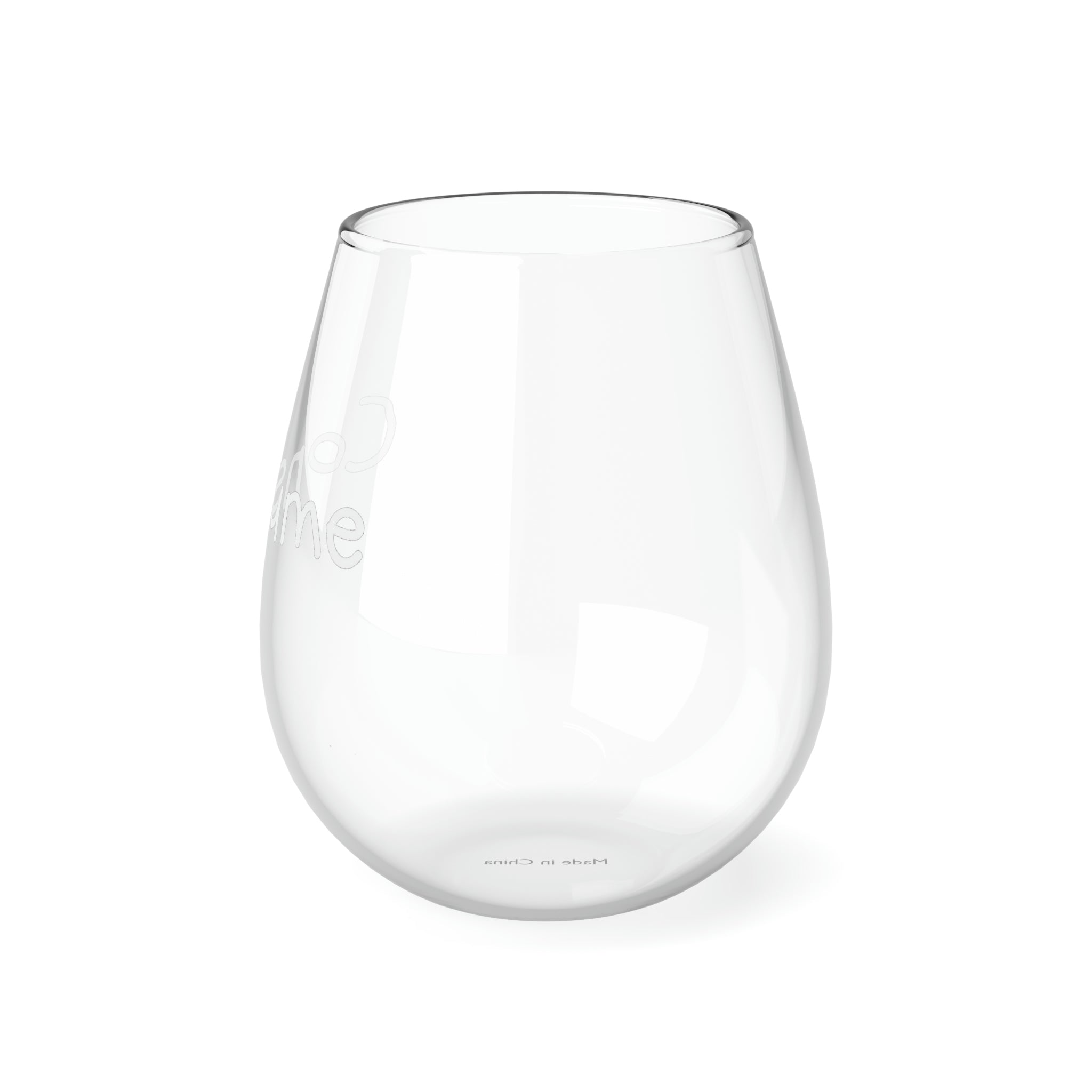 A sleek and elegant stemless wine glass holding 11.75 oz of wine, featuring a glossy finish and personalized design options.