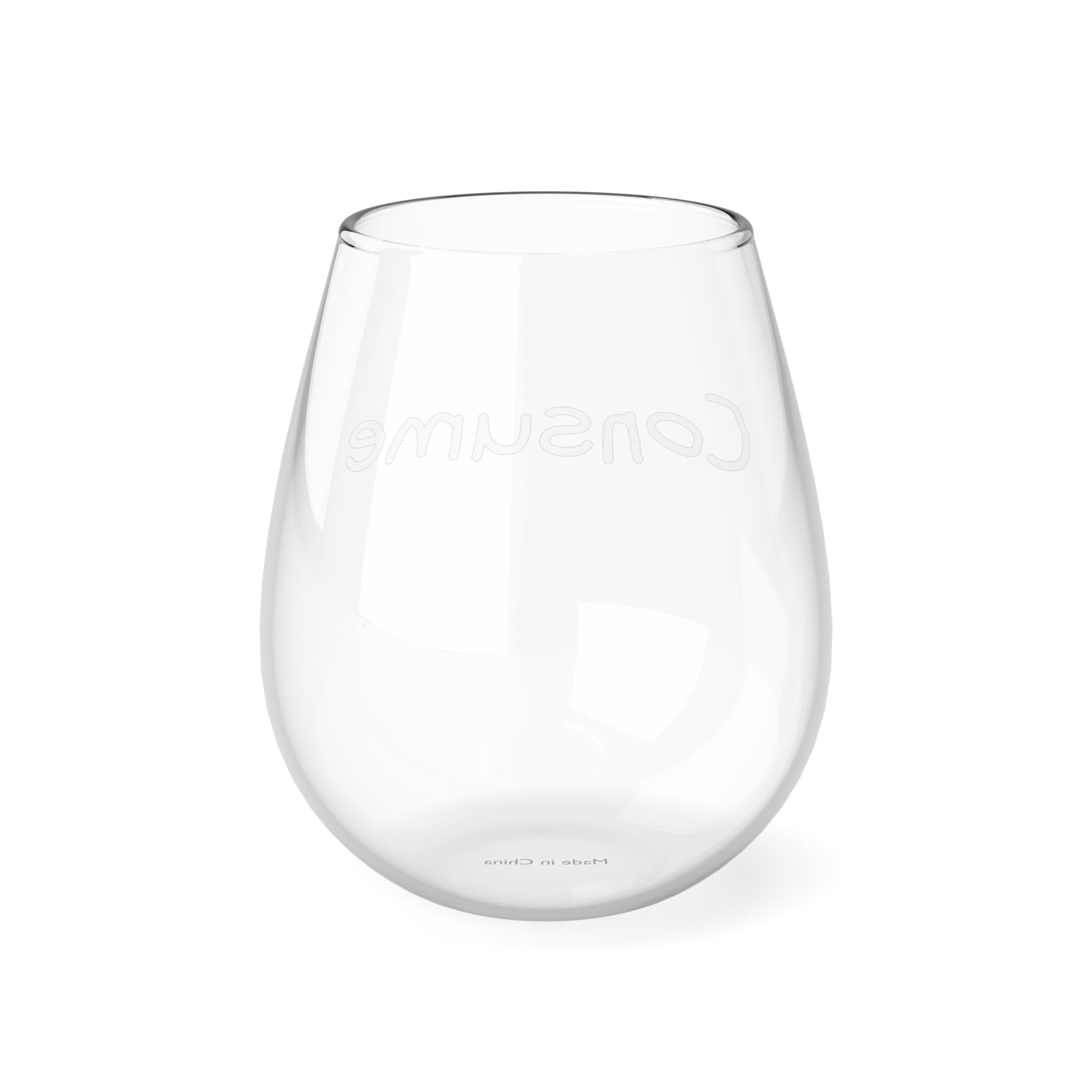 A sleek and elegant stemless wine glass holding 11.75 oz of wine, featuring a glossy finish and personalized design options.